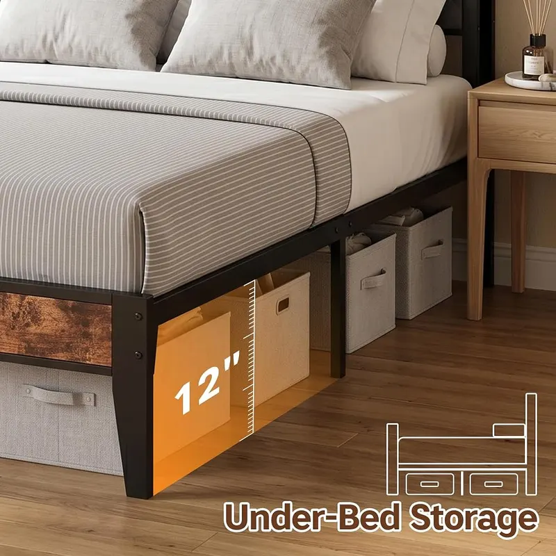 BOVONO Full Bed Frame – Two-tier storage headboard