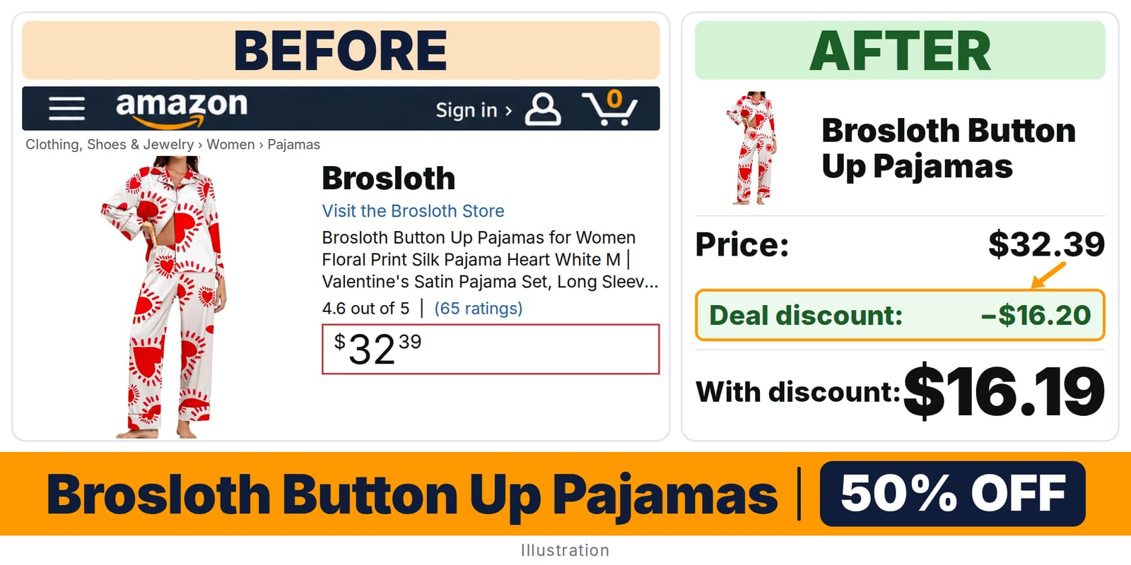 Brosloth Button Up Pajamas deal: before and after – 50% off on Amazon