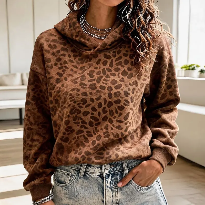 Brown Womens Hoodies Oversized Leopard Cheetah Print – product photo 2 of 5