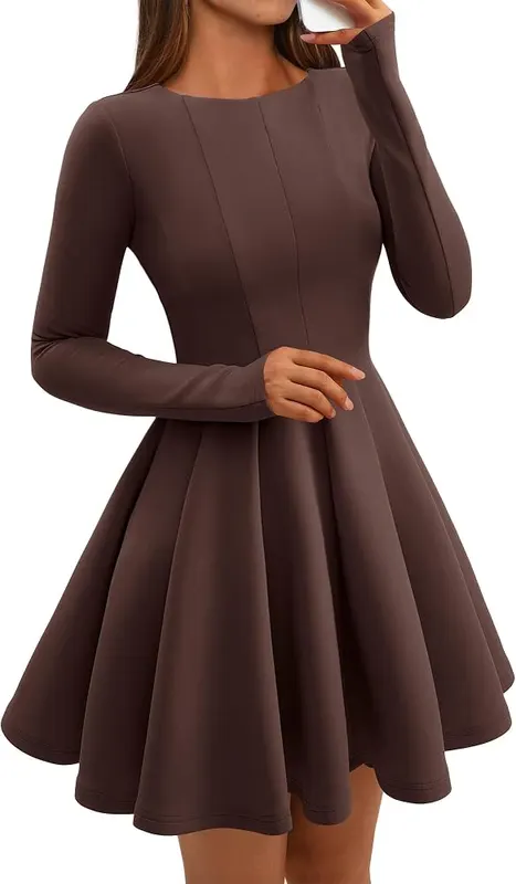 BTFBM Long Sleeve A Line Mini Dresses Brown Small in Brown