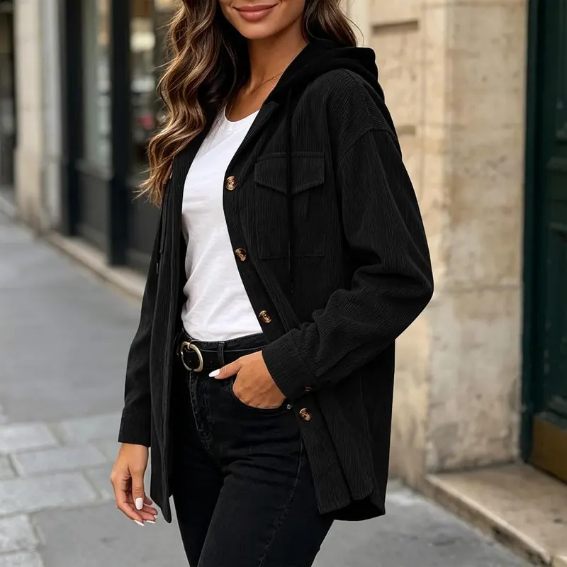 BUERCWS Women Hooded Corduroy Jacket Button Down – Size