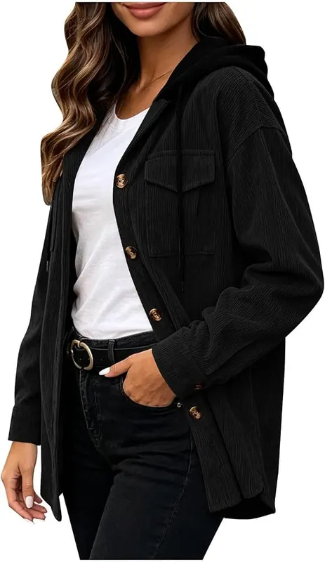 BUERCWS Women Hooded Corduroy Jacket Button Down – Easy Care