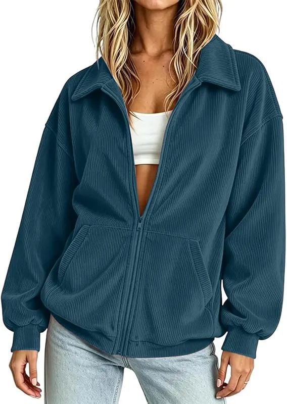 BUERCWS Women Lapel Zip Up Corduroy Jacket – Soft vertical rib corduroy fabric
