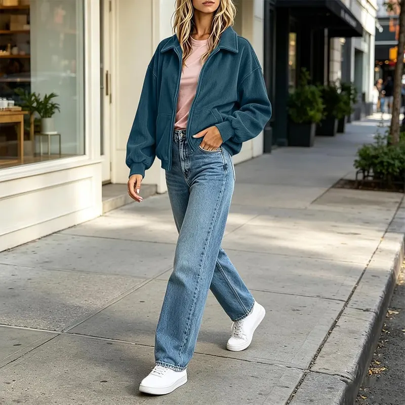 BUERCWS Women Lapel Zip Up Corduroy Jacket – Stylish lapel collar design
