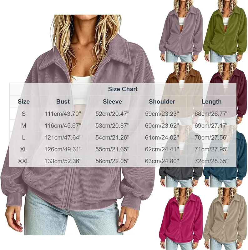 BUERCWS Women Lapel Zip Up Corduroy Jacket – Full zip front closure