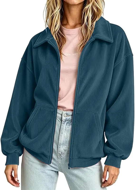 BUERCWS Women Lapel Zip Up Corduroy Jacket – Convenient side hand pockets