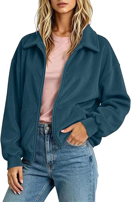 BUERCWS Women Lapel Zip Up Corduroy Jacket – Relaxed loose fit silhouette