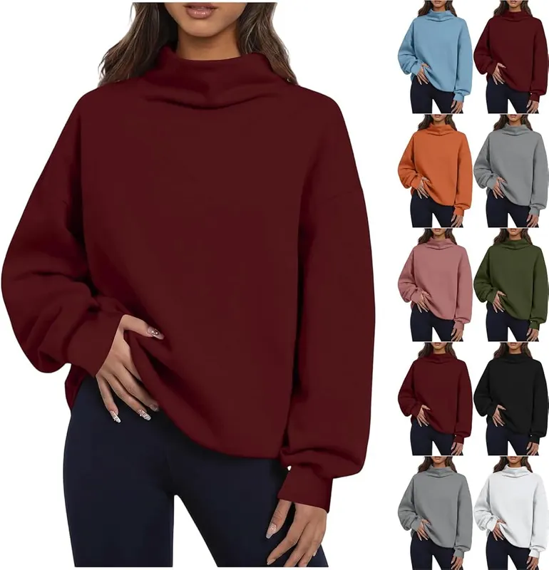 BUERCWS Womens Oversized Mock Neck Sweatshirts Long in #F01-wine