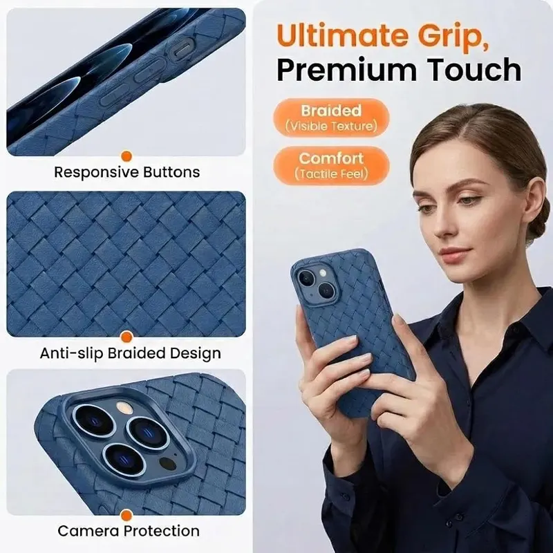 Callyue Braided Woven Soft TPU Case Blue iPhone 16 – Raised lips around screen and lens help cushion