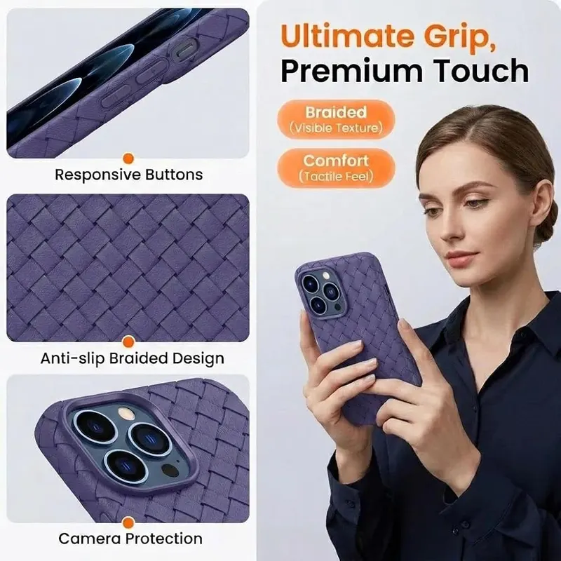 Callyue Braided Woven Soft TPU Case Purple iPhone 12/12 Pro – Raised lips around screen and lens help cushion