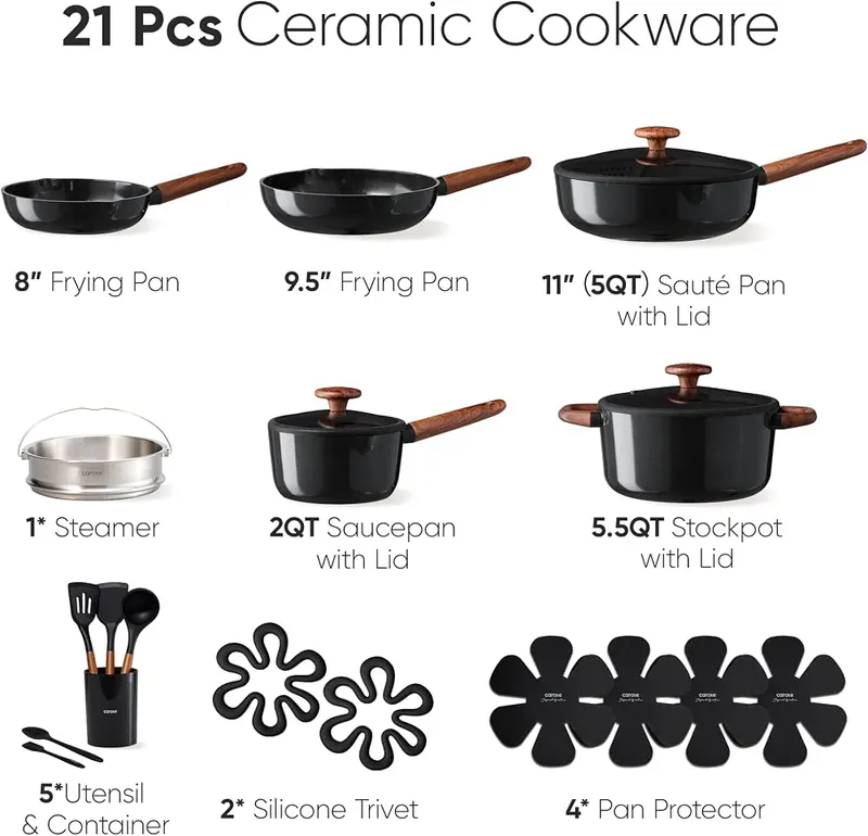 CAROTE 22pcs Ceramic Cookware Set – Easy to Clean & Dishwasher Safe