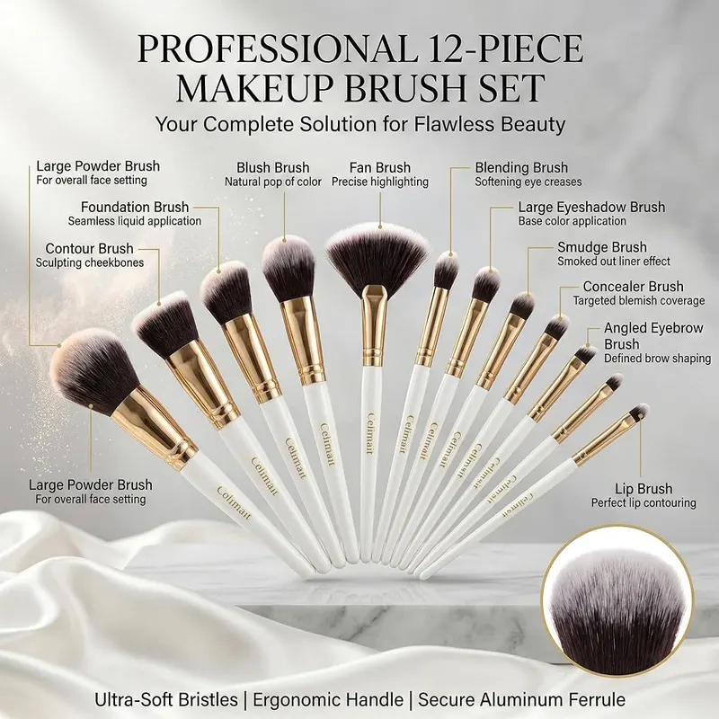 CELIMAIT Makeup Brushes Set Professional & Beginner – Milky White with gold finish
