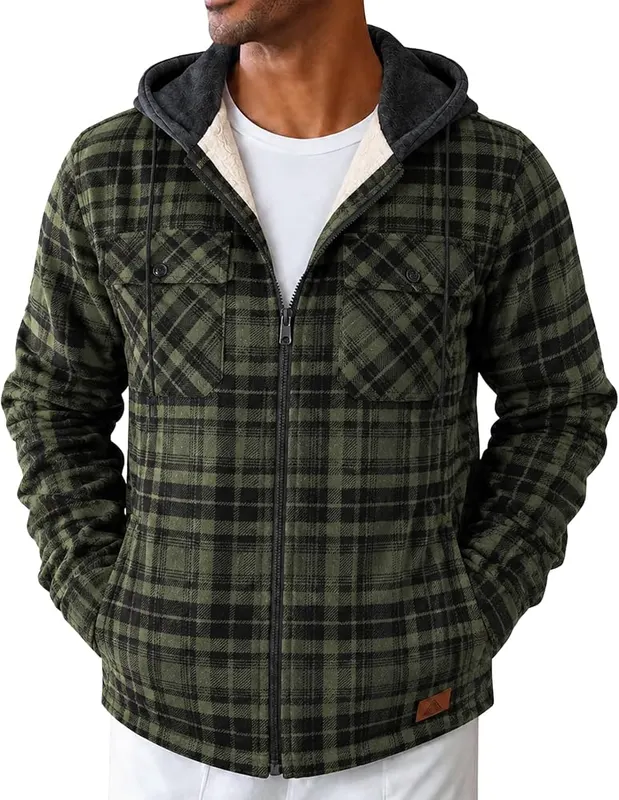 Ceoutdoor Men’s Flannel Jacket Vintage Plaid Zip in Army Green