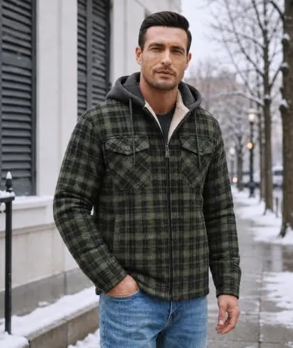 Ceoutdoor Men’s Flannel Jacket Vintage Plaid Zip – Zip up hooded design