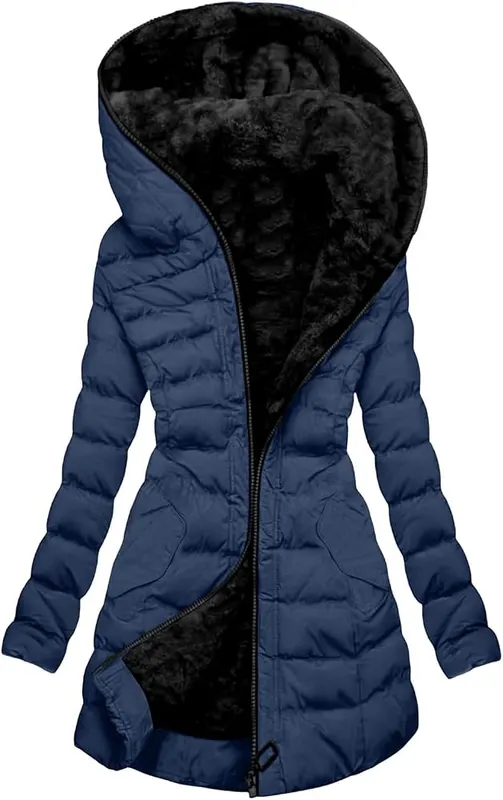 Cethrio Long Puffer Coat Women Dark Blue – Extended length for hip coverage
