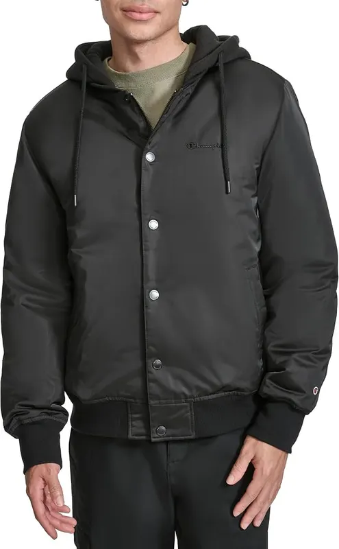 Champion Men’s Hooded Varsity Bomber Jacket in Black