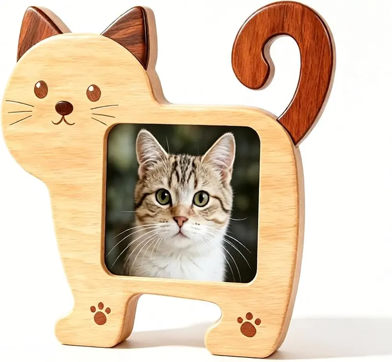ChayWillow Cat Shaped Solid Wood Desktop Photo in Natural Wood Brown