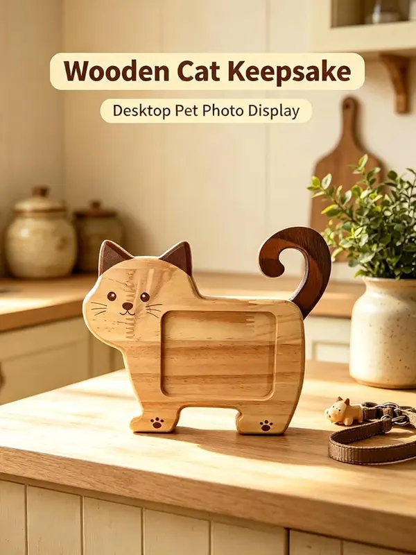 ChayWillow Cat Shaped Solid Wood Desktop Photo – Adorable cartoon cat design
