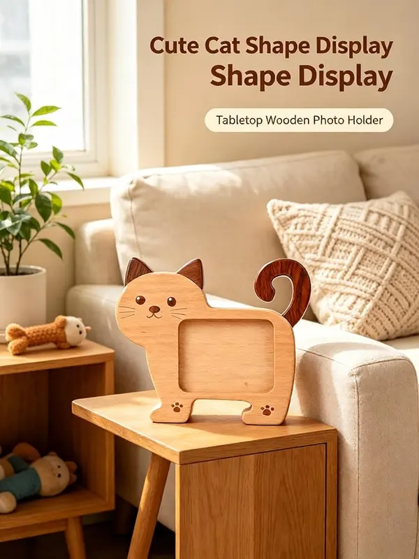 ChayWillow Cat Shaped Solid Wood Desktop Photo – Delicate carved paw print details