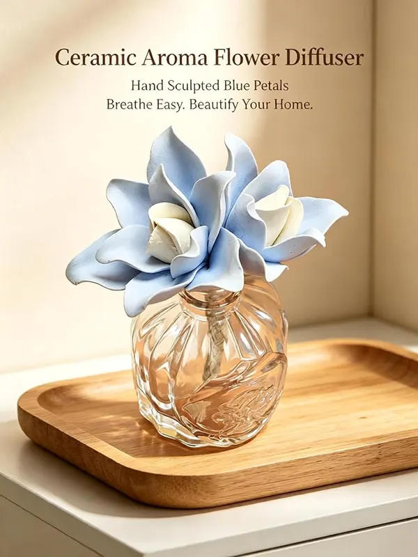 ChayWillow Handmade Ceramic Diffuser Flowers – Natural walnut brown wood base
