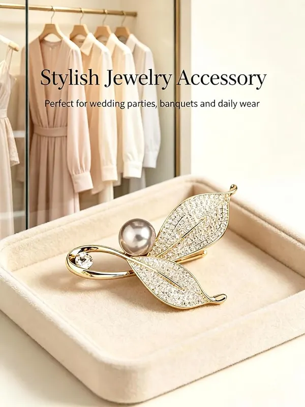 ChayWillow Leaf Pearl Brooch Pin – Sparkling rhinestone crystal accents