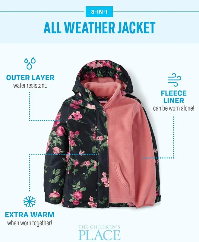 The Children’s Place And Toddler Heavy 3 in 1 3T – DESIGN — Outer jacket features adjustable elasticized no-snow