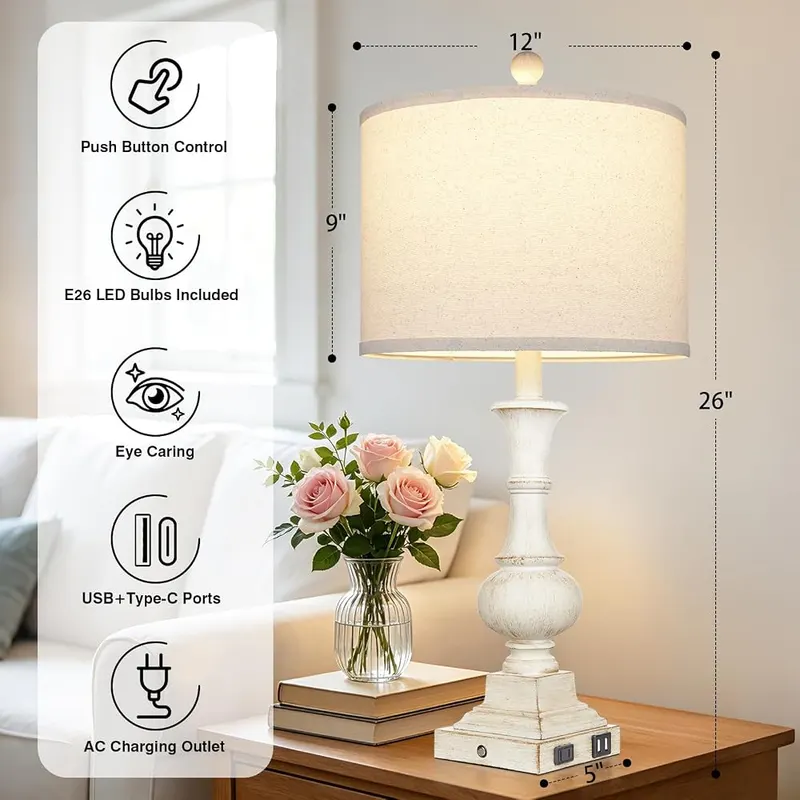 Cinkeda 26″ Farmhouse Table Lamps Set 3-Way Retro White – Set of 2 – product photo 2 of 9