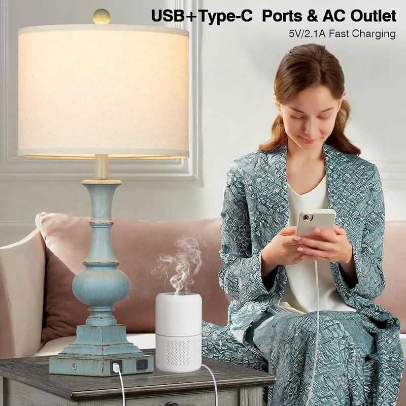 Cinkeda 26″ Farmhouse Table Lamps Set 3-Way – USB ports and AC outlet