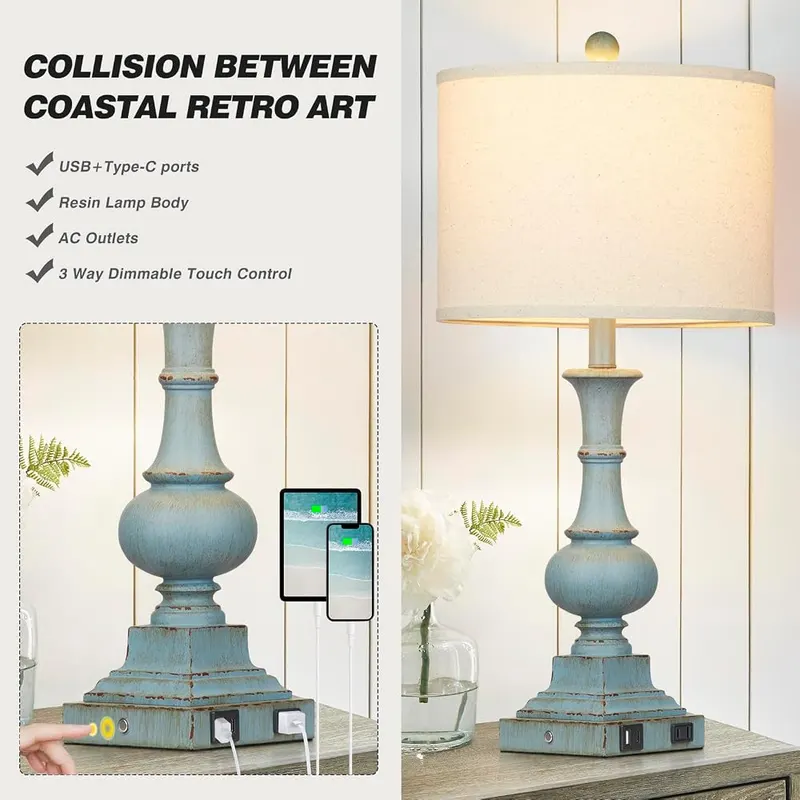 Cinkeda 26″ Farmhouse Table Lamps Set 3-Way – Blue washed resin base