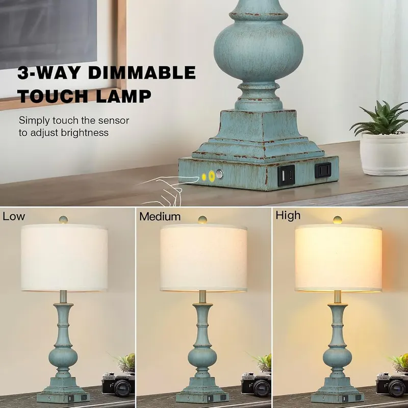 Cinkeda 26″ Farmhouse Table Lamps Set 3-Way – Linen shade, LED bulbs included