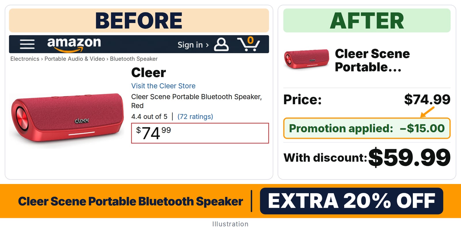 Cleer Scene Portable Bluetooth Speaker deal: before and after – promo code Q4FIRY1R, 20% off on Amazon