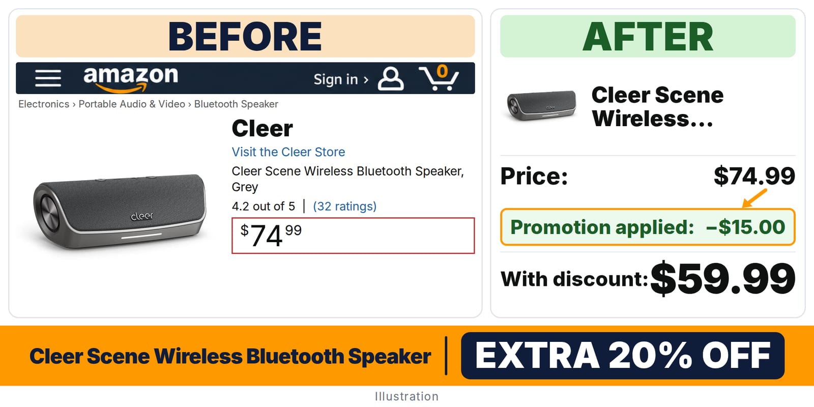 Cleer Scene Wireless Bluetooth Speaker deal: before and after – promo code Q4FIRY1R, 20% off on Amazon