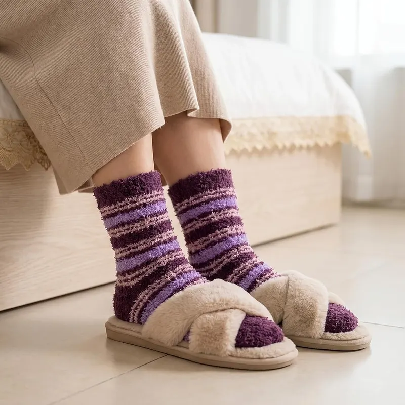 Clothirily Fuzzy Socks Purple A, 5 Pairs, 6-10 – Plush coral velvet microfiber fabric