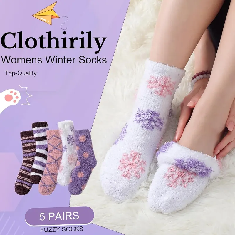 Clothirily Fuzzy Socks Purple A, 5 Pairs, 6-10 – Comfortable elastic bands at the ankle