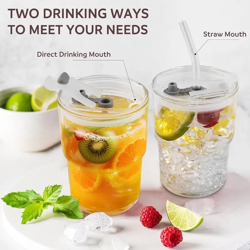 Colnic 2PCS Glass Cups – Includes matching lids and straws
