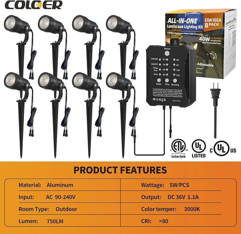 COLOER 8Pack 5W Landscape Lighting Kit – Programmable timer from 2 to 12 hours
