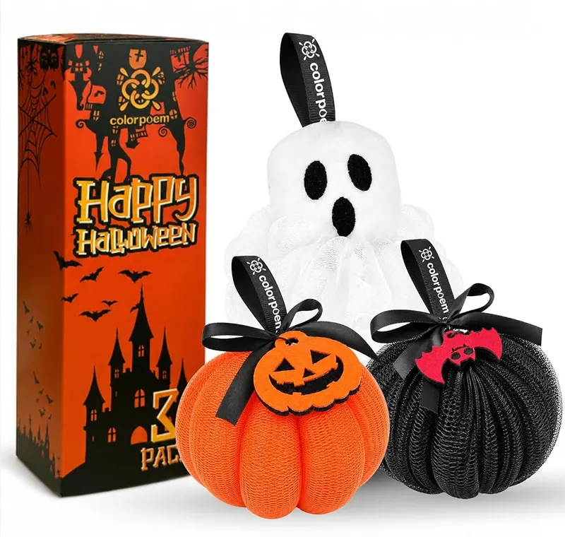 COLORPOEM Halloween Loofah Sponge in White, Orange & Black