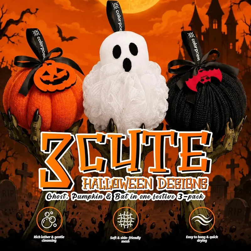 COLORPOEM Halloween Loofah Sponge – Festive three piece Halloween shaped set