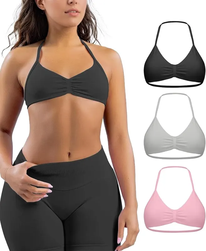 Comper Women’s 3 Pack Strappy Bras Halter in Black+light Gray+pink