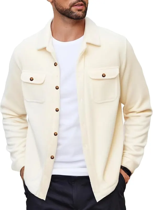 COOFANDY Men’s Polar Fleece Shacket Long Sleeve in Beige