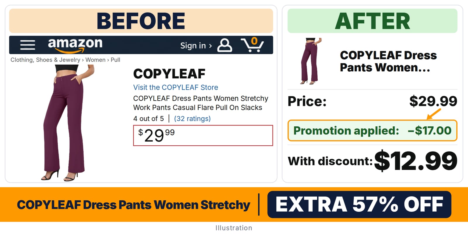 COPYLEAF Dress Pants Women Stretchy Work Pants deal: before and after – promo code MZX65ZUI, 57% off on Amazon