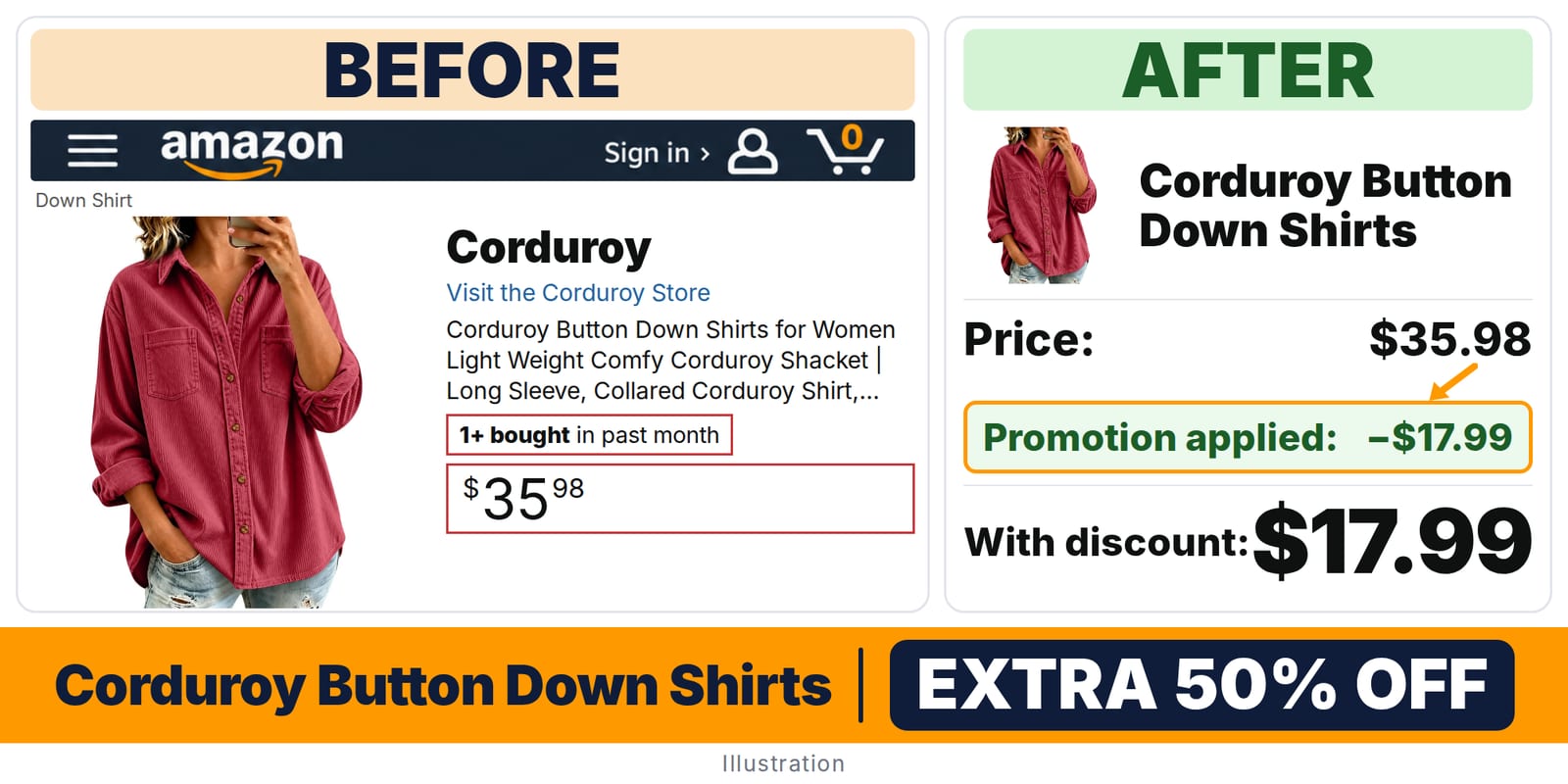 Corduroy Button Down Shirts deal: before and after – promo code V9NPK2C7, 50% off on Amazon