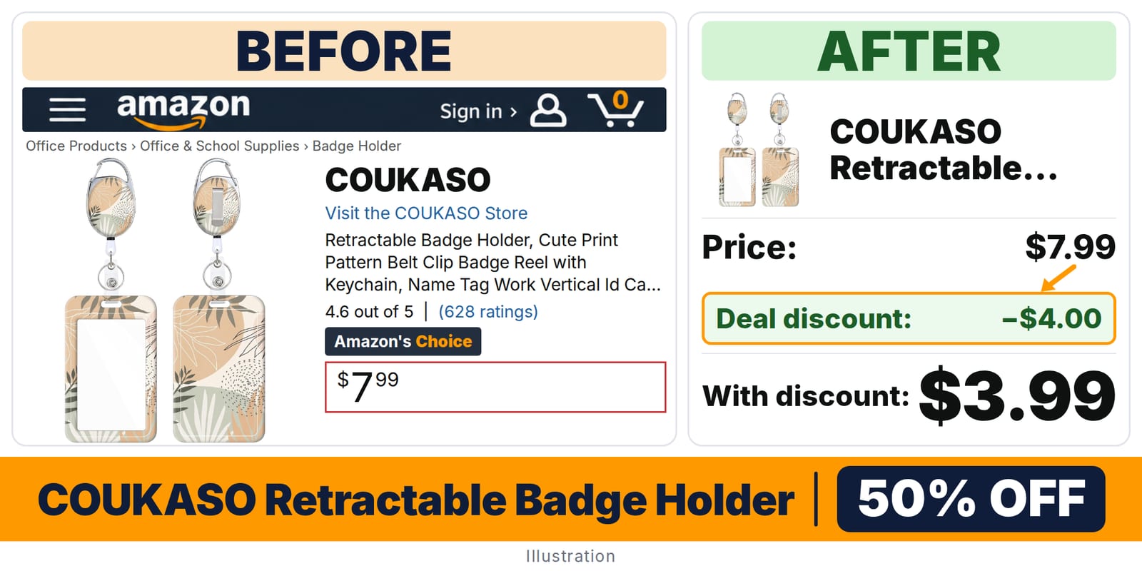 COUKASO Retractable Badge Holder deal: before and after – 50% off on Amazon