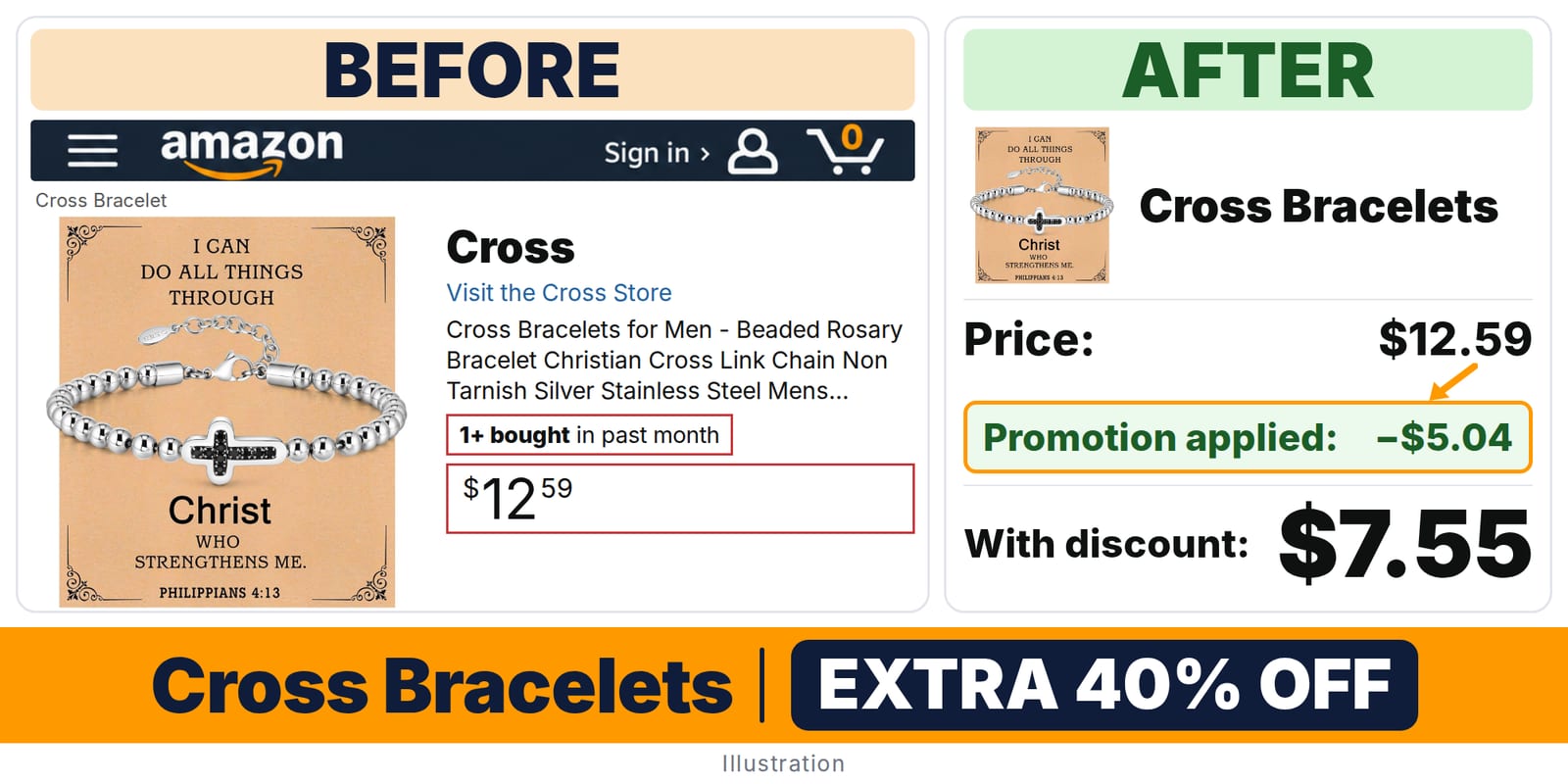 Cross Bracelets deal: before and after – promo code 37TL801O, 40% off on Amazon