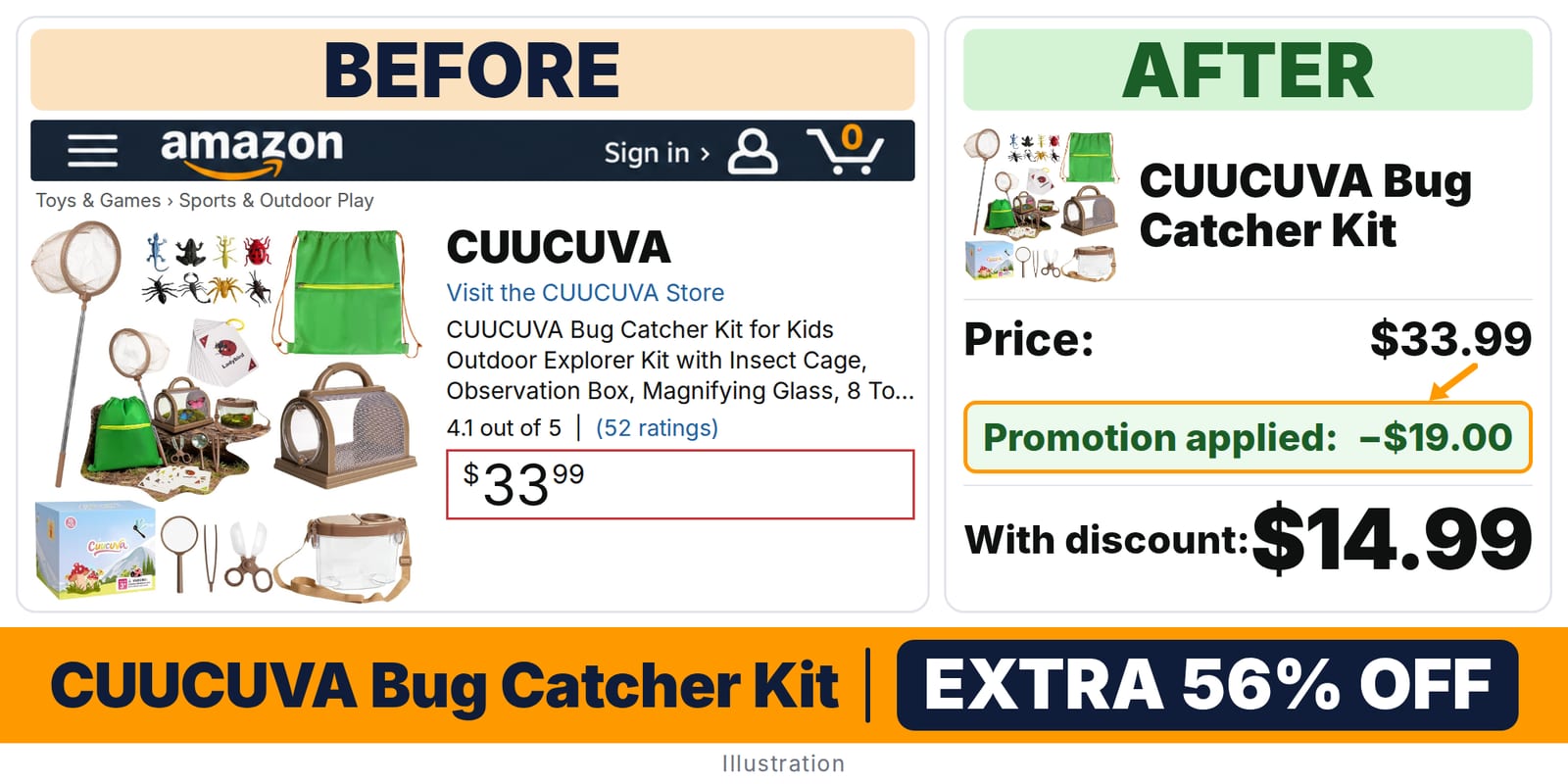 CUUCUVA Bug Catcher Kit deal: before and after – promo code QQWY5C1R, 56% off on Amazon
