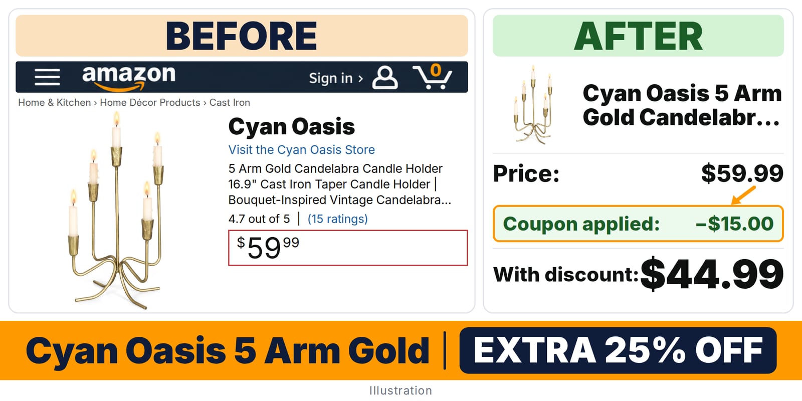 Cyan Oasis 5 Arm Gold Candelabra Candle Holder 16.9" deal: before and after – 40% off on Amazon