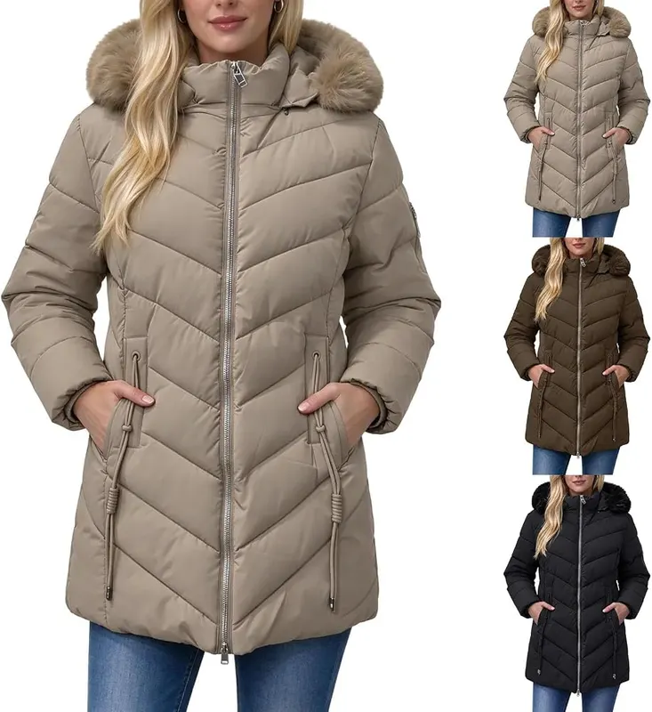 Cyvrin Puffer Jacket Womens Mid Length Hooded in A01 Khaki