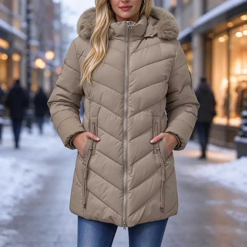 Cyvrin Puffer Jacket Womens Mid Length Hooded – Polyester Shell