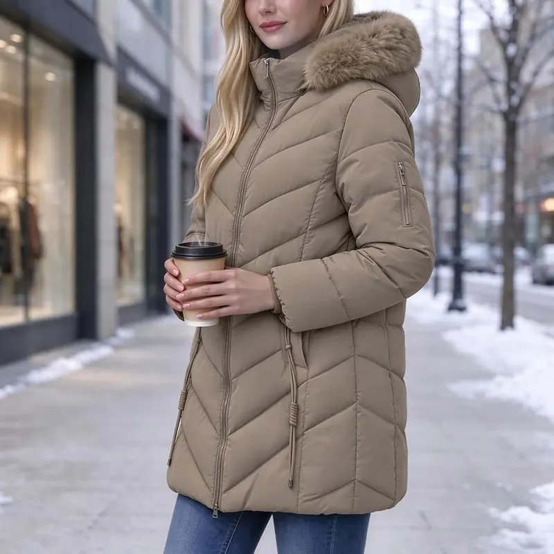 Cyvrin Puffer Jacket Womens Mid Length Hooded – Furry Trim Hood