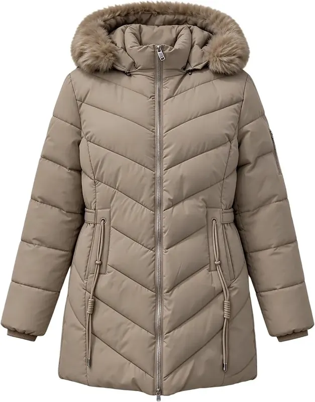 Cyvrin Puffer Jacket Womens Mid Length Hooded – Pockets Drawstring Waist
